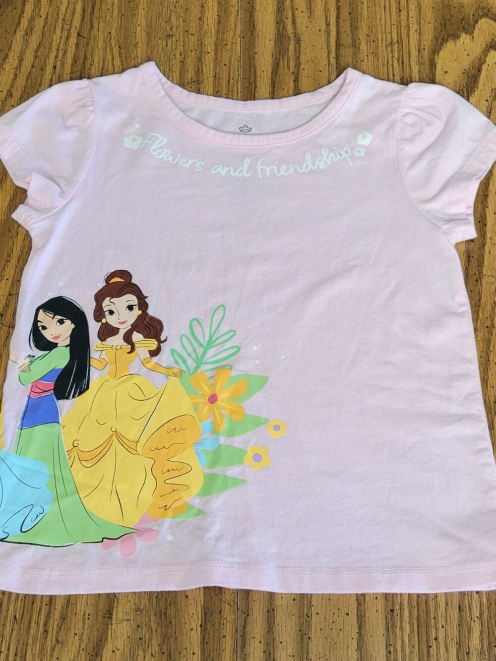 Disney Princess Belle Mulan Girls Size 5 Pink Graphic Tee Puff Sleeve